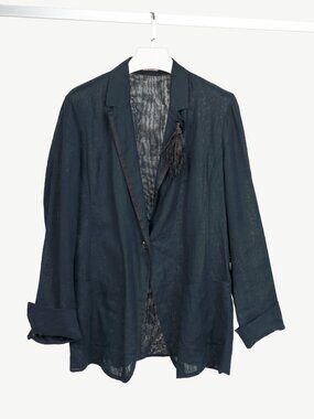 Brunello Cucinelli SS18 Navy Blue Cotton Feather-Monili-Brooch Blazer